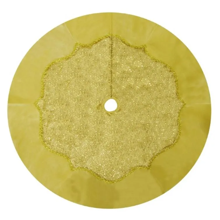 48" Glittery Gold Satin Christmas Tree Skirt with Sequins and Velvet Border