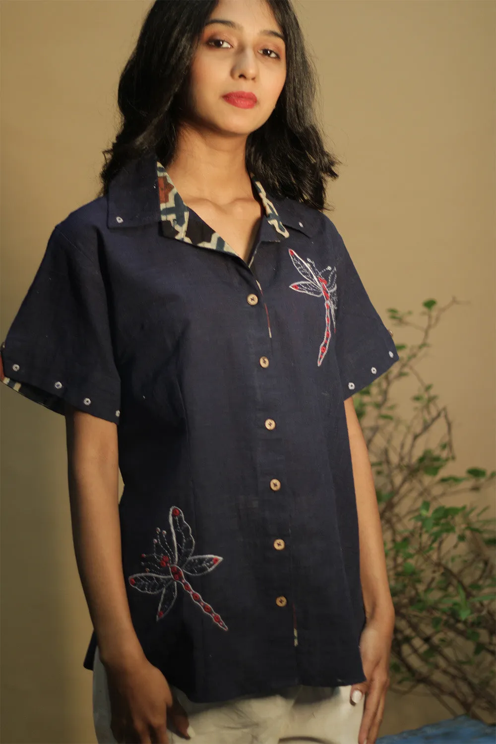Ambrai | Embroidered Cotton Shirt | Blue
