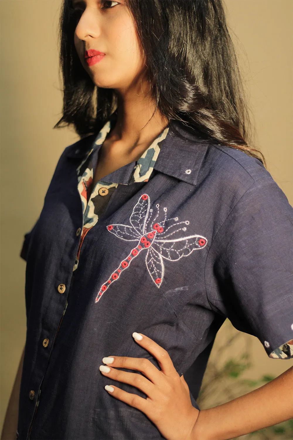 Ambrai | Embroidered Cotton Shirt | Blue