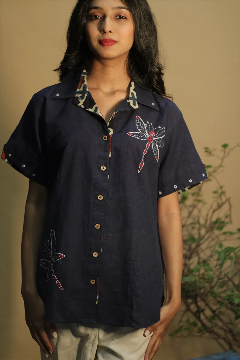Ambrai | Embroidered Cotton Shirt | Blue