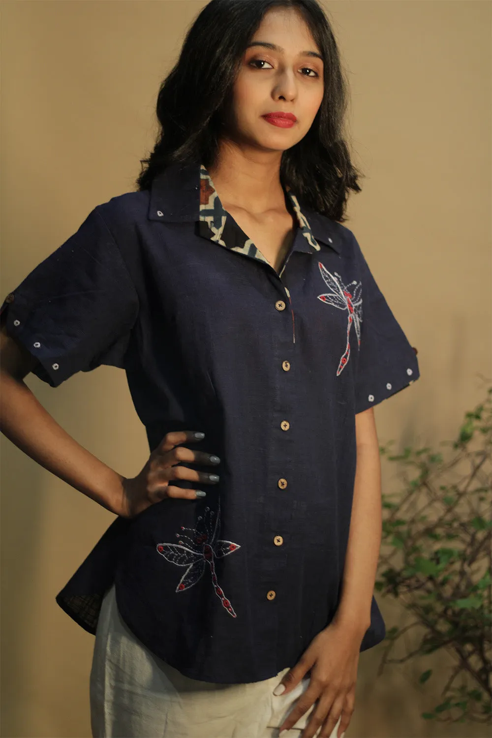Ambrai | Embroidered Cotton Shirt | Blue