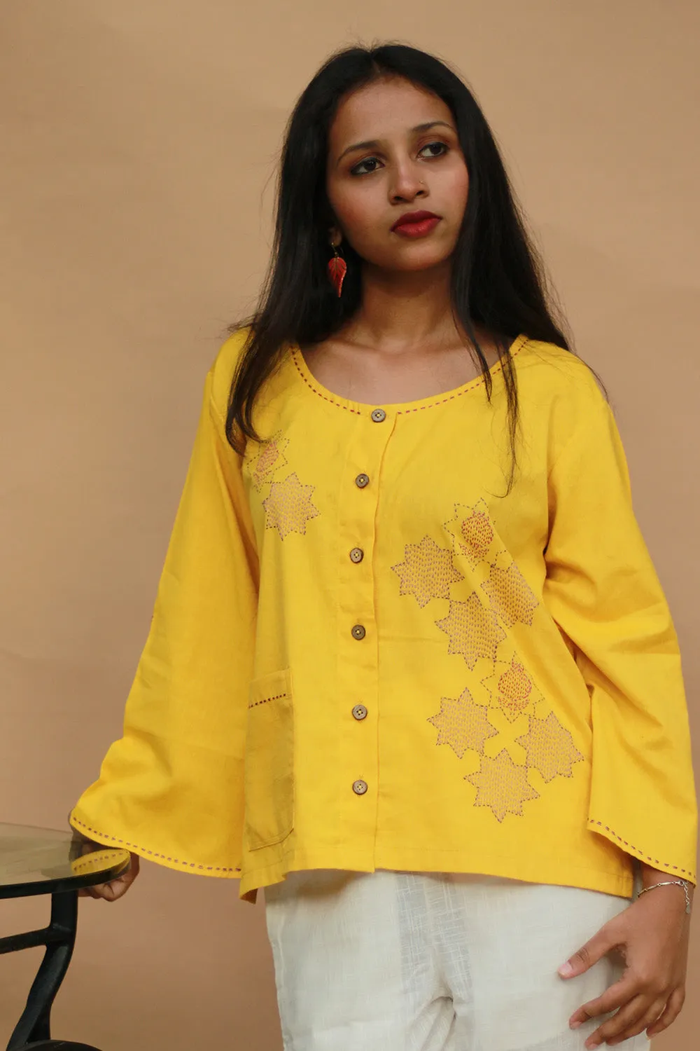 Ambrai |  Embroidered Cotton Shirt | Chrome Yellow