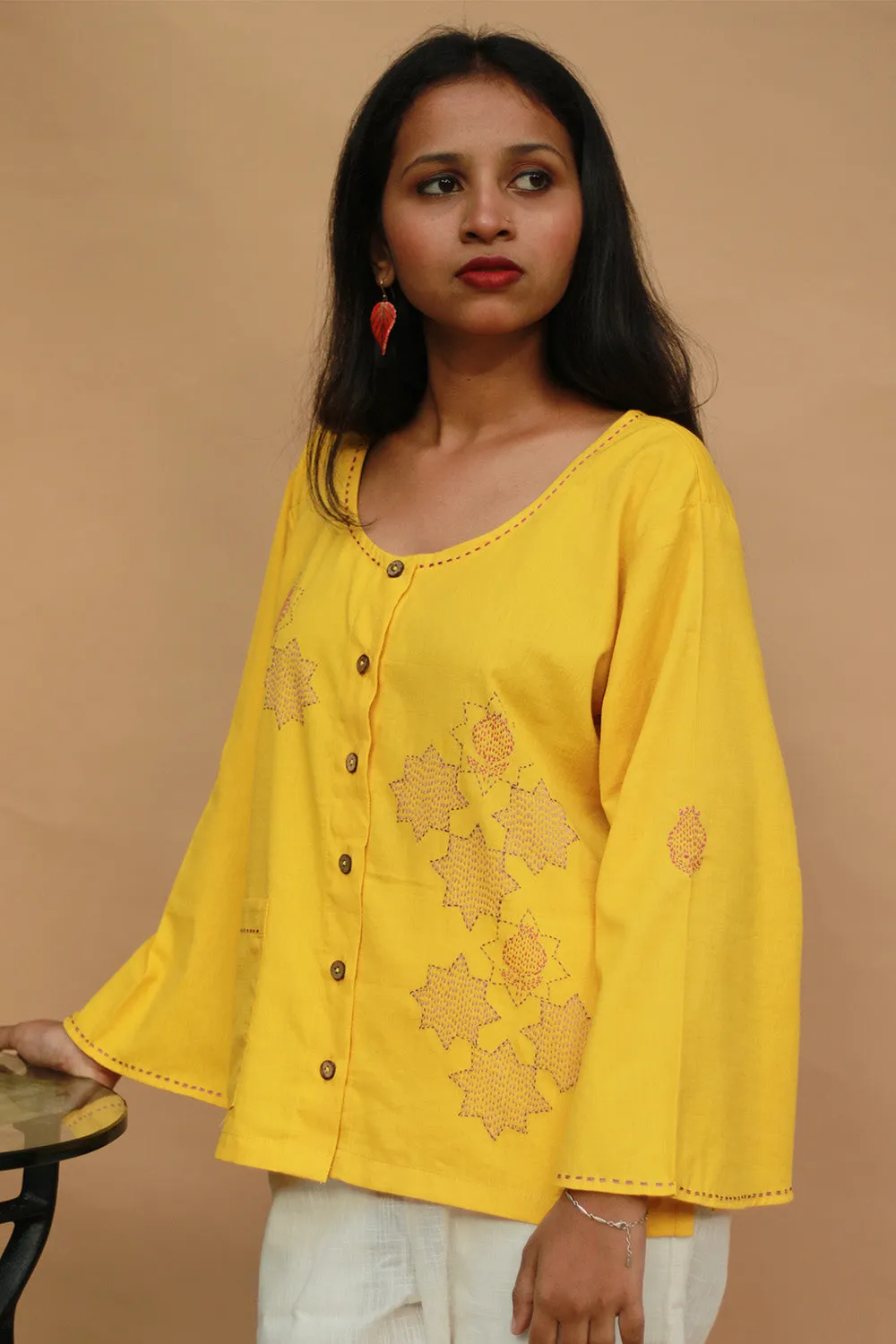 Ambrai |  Embroidered Cotton Shirt | Chrome Yellow