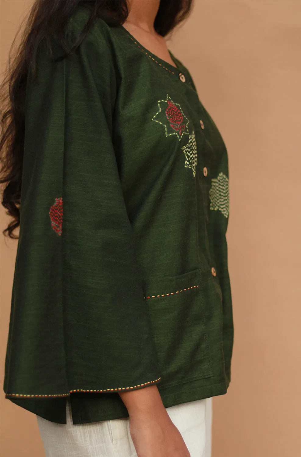Ambrai |  Embroidered Cotton Shirt | Forest Green