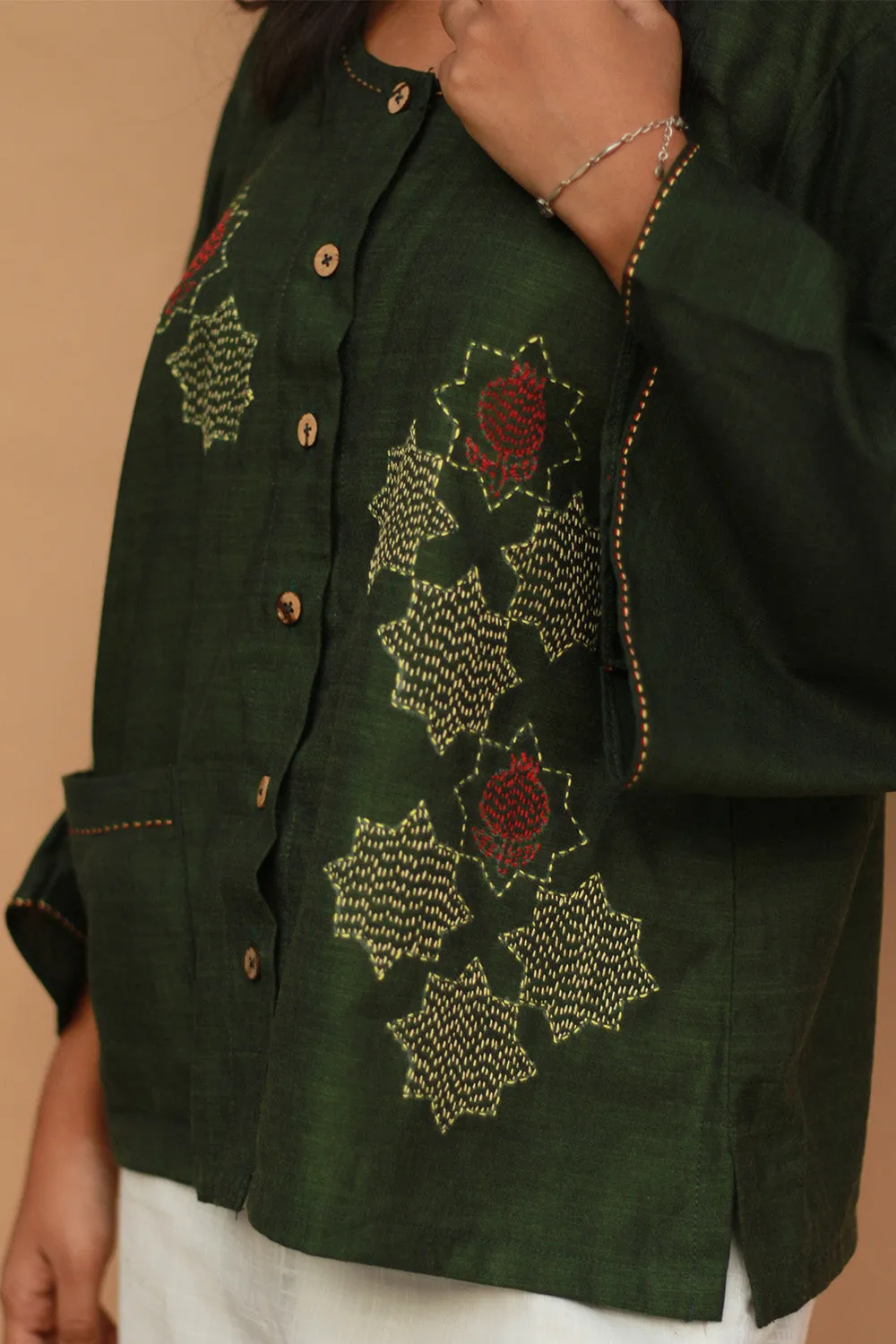 Ambrai |  Embroidered Cotton Shirt | Forest Green