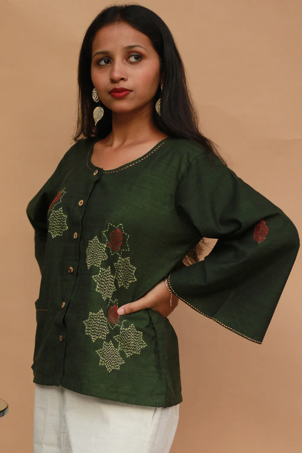 Ambrai |  Embroidered Cotton Shirt | Forest Green