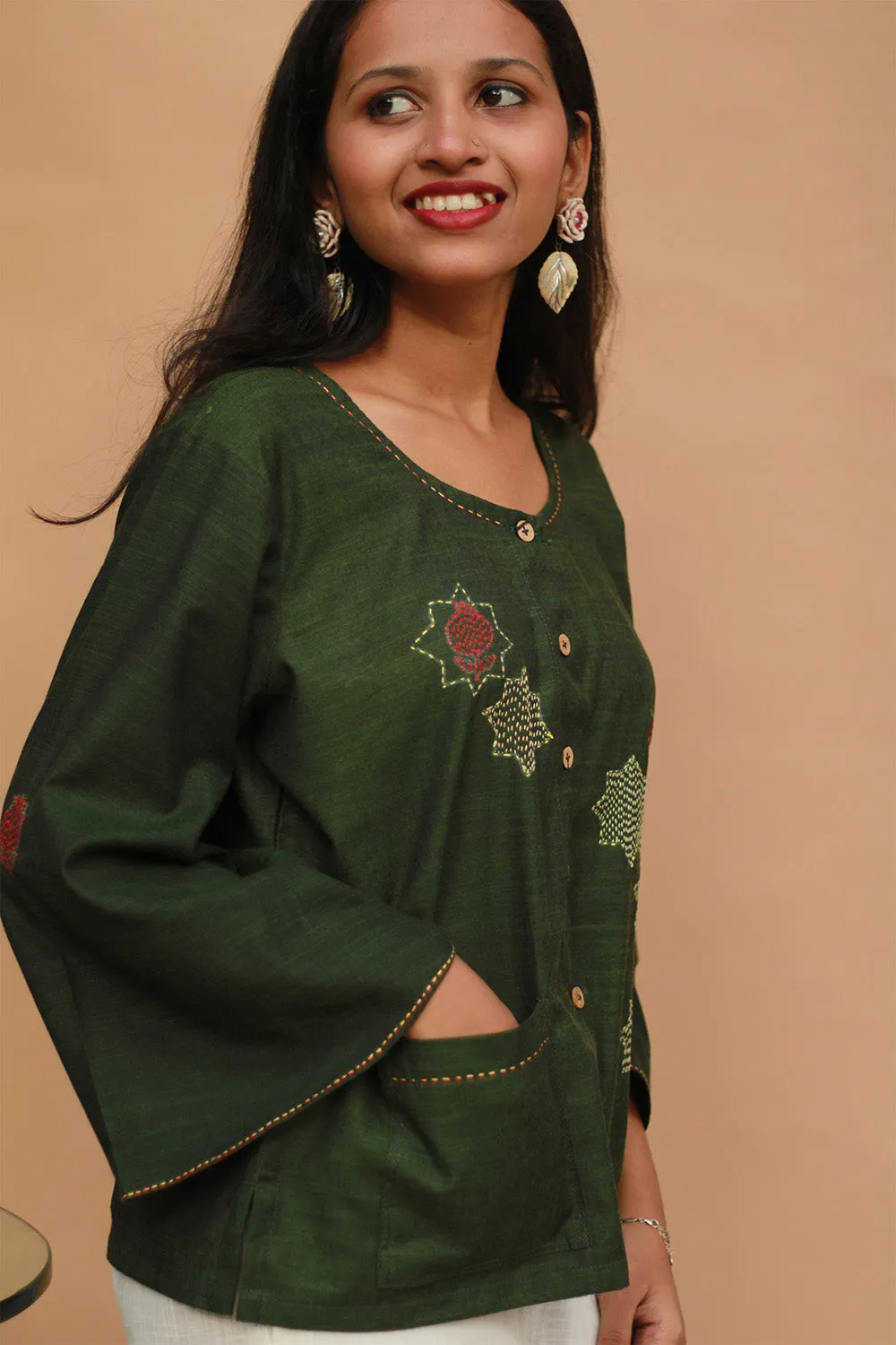 Ambrai |  Embroidered Cotton Shirt | Forest Green