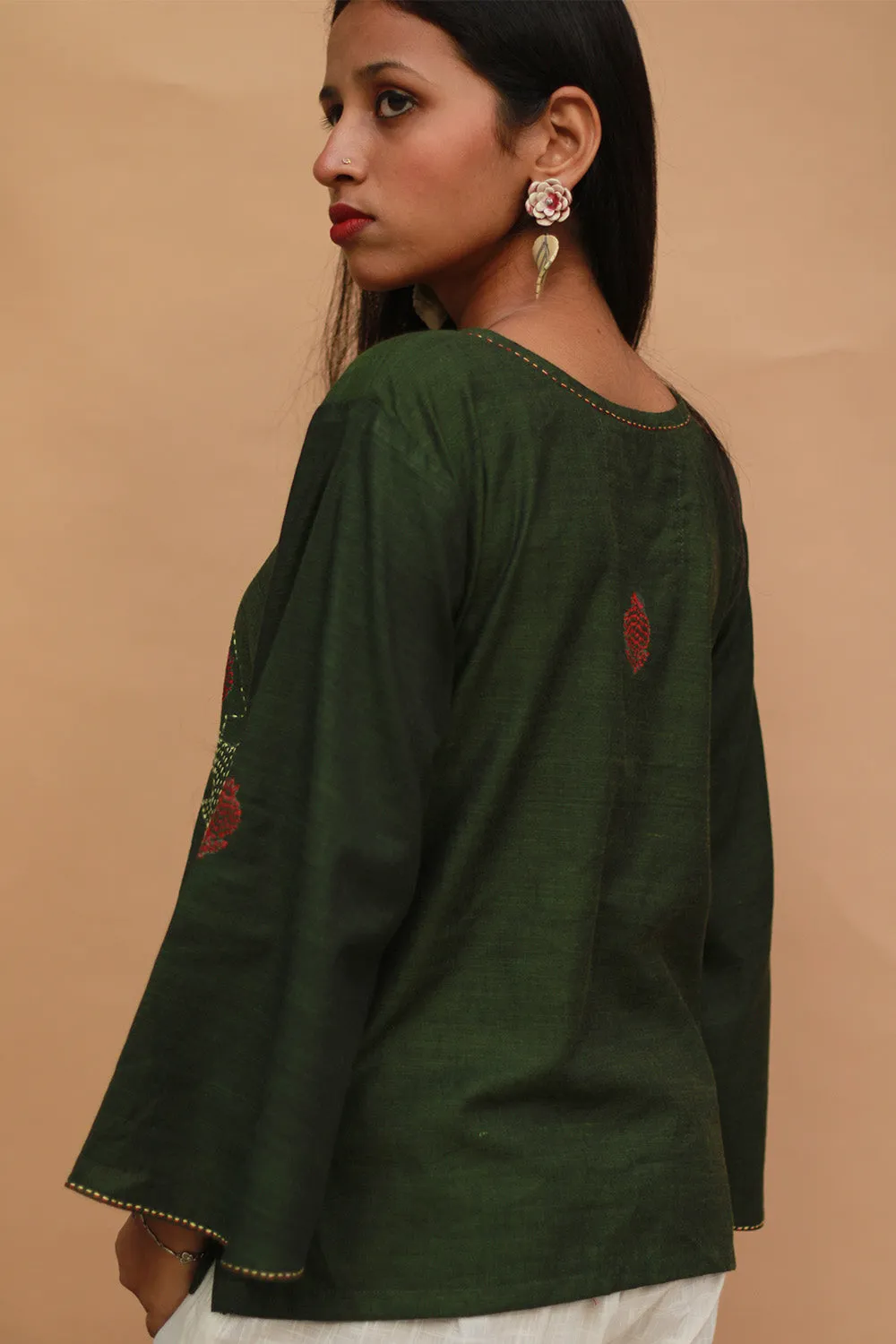 Ambrai |  Embroidered Cotton Shirt | Forest Green