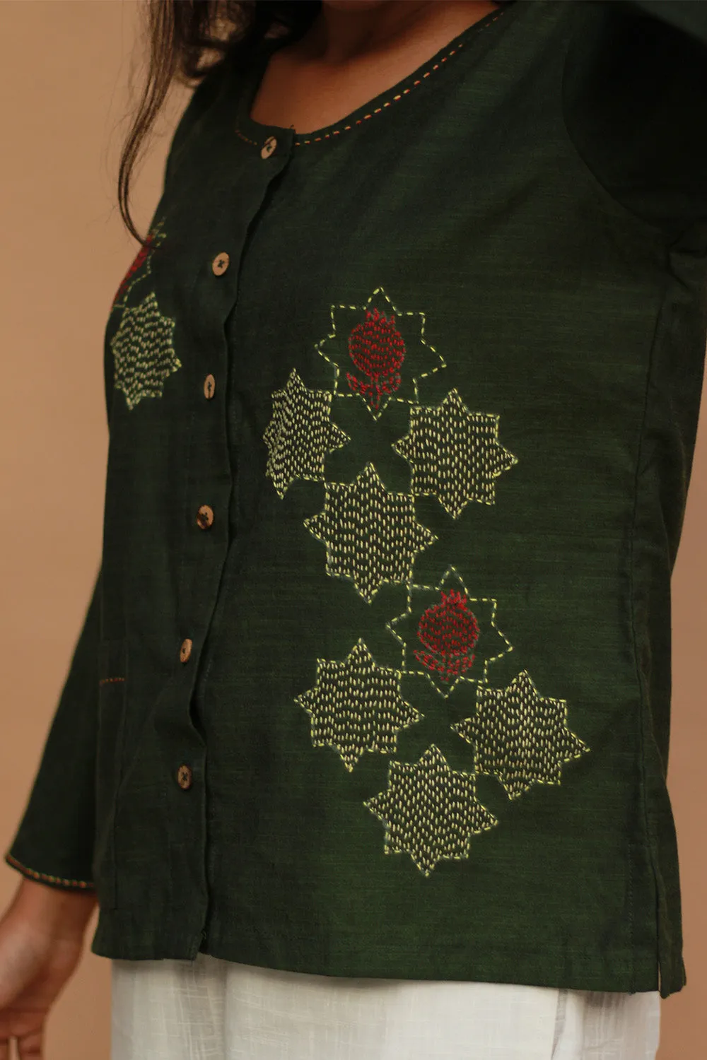 Ambrai |  Embroidered Cotton Shirt | Forest Green