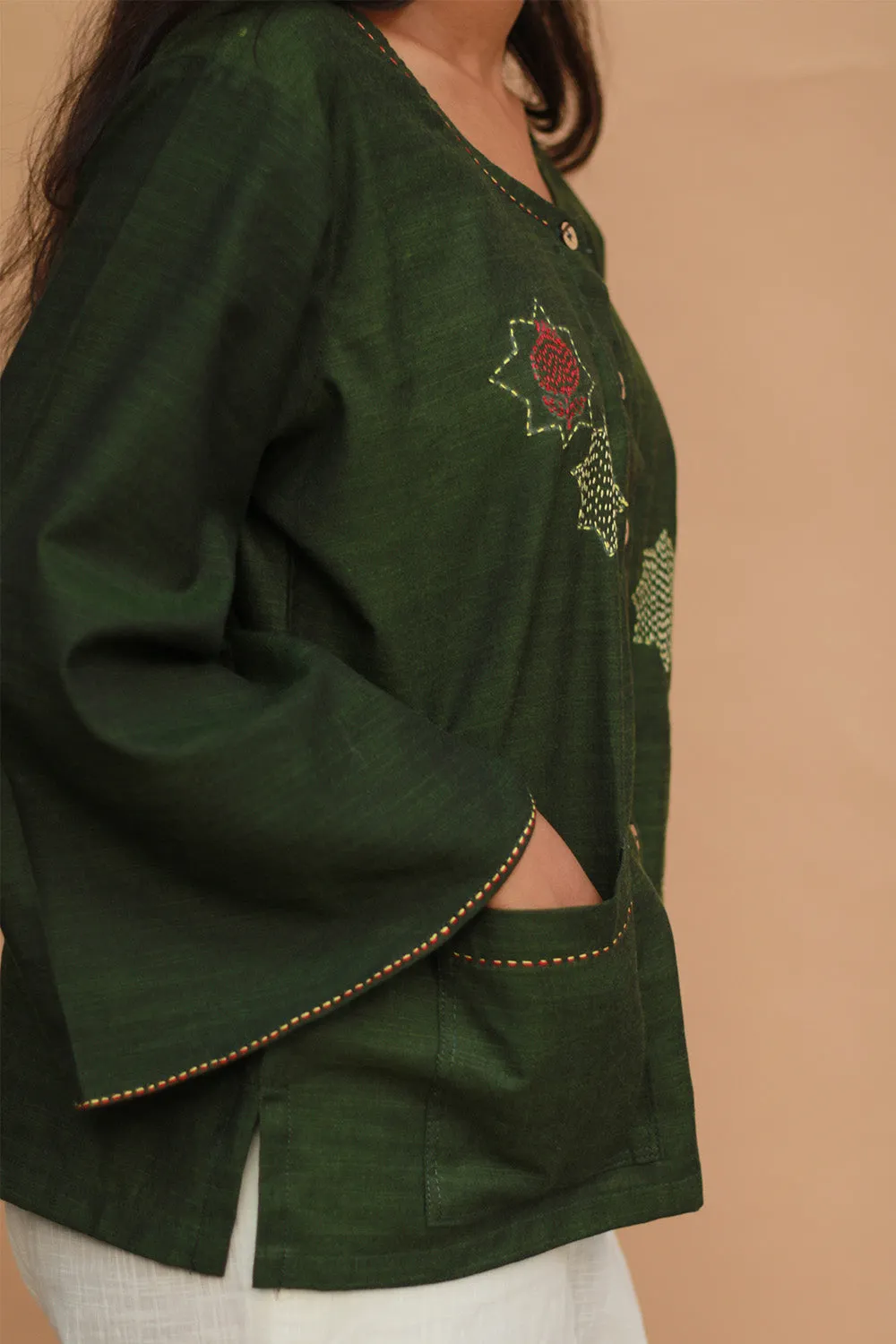 Ambrai |  Embroidered Cotton Shirt | Forest Green