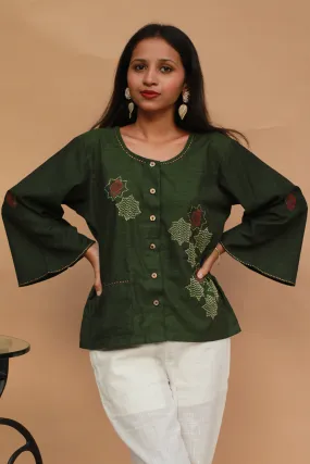Ambrai |  Embroidered Cotton Shirt | Forest Green