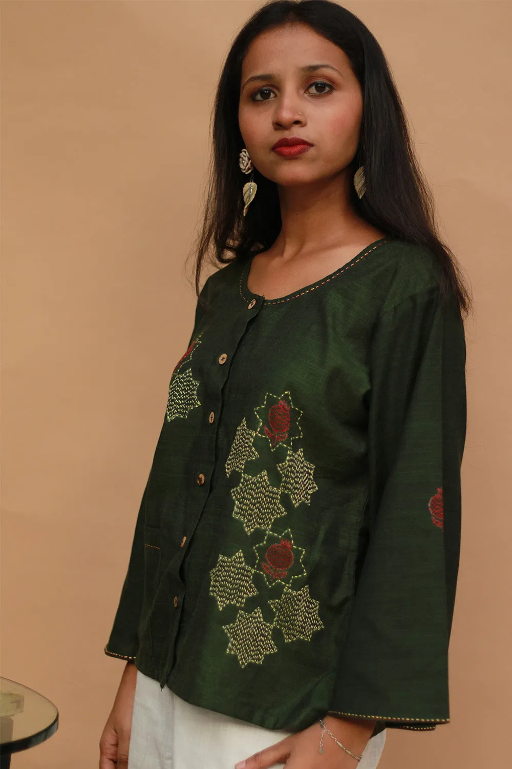 Ambrai |  Embroidered Cotton Shirt | Forest Green