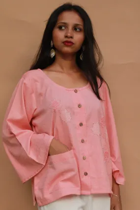 Ambrai |  Embroidered Cotton Shirt | Peach