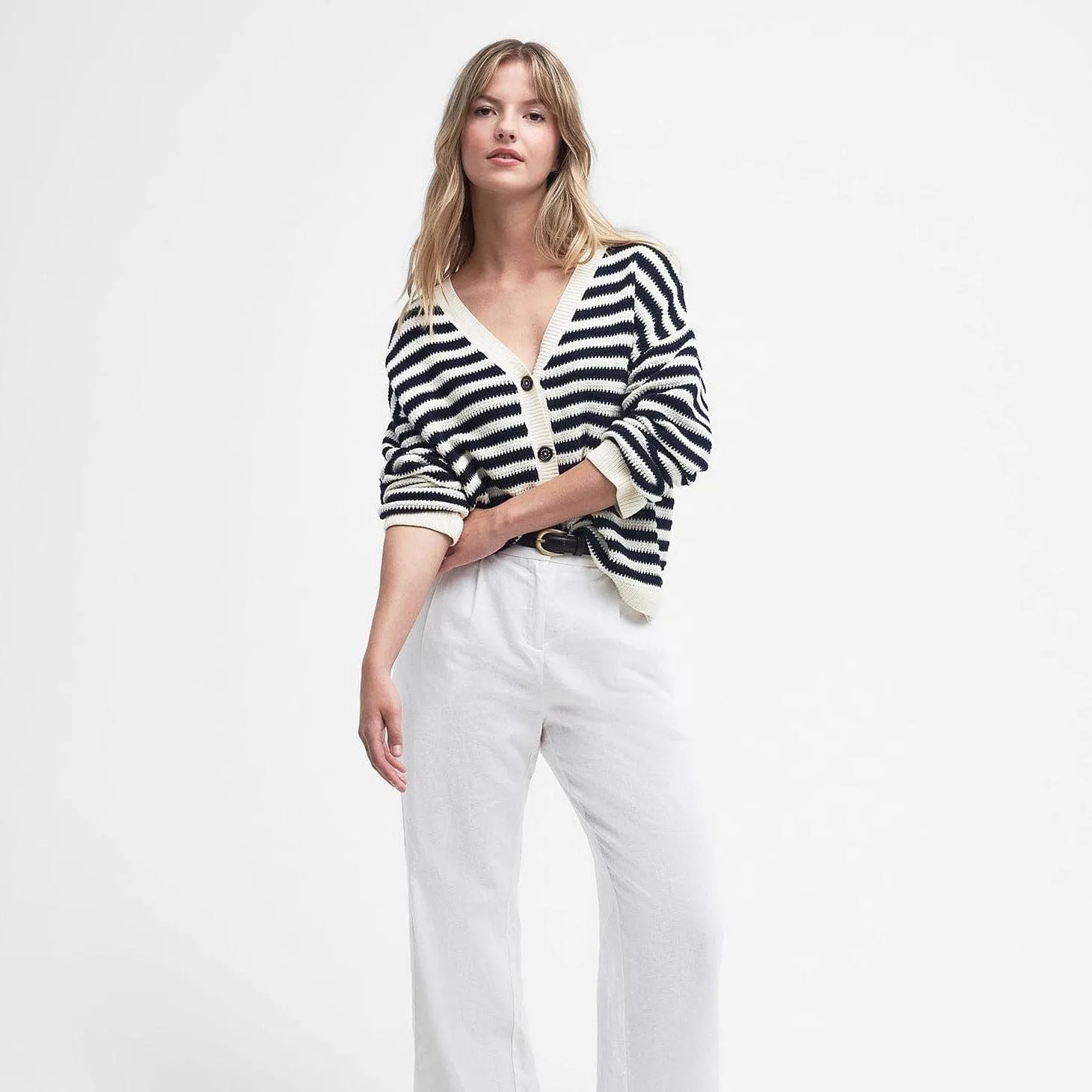 Barbour Sandgate Striped Cardigan In Navy/ White