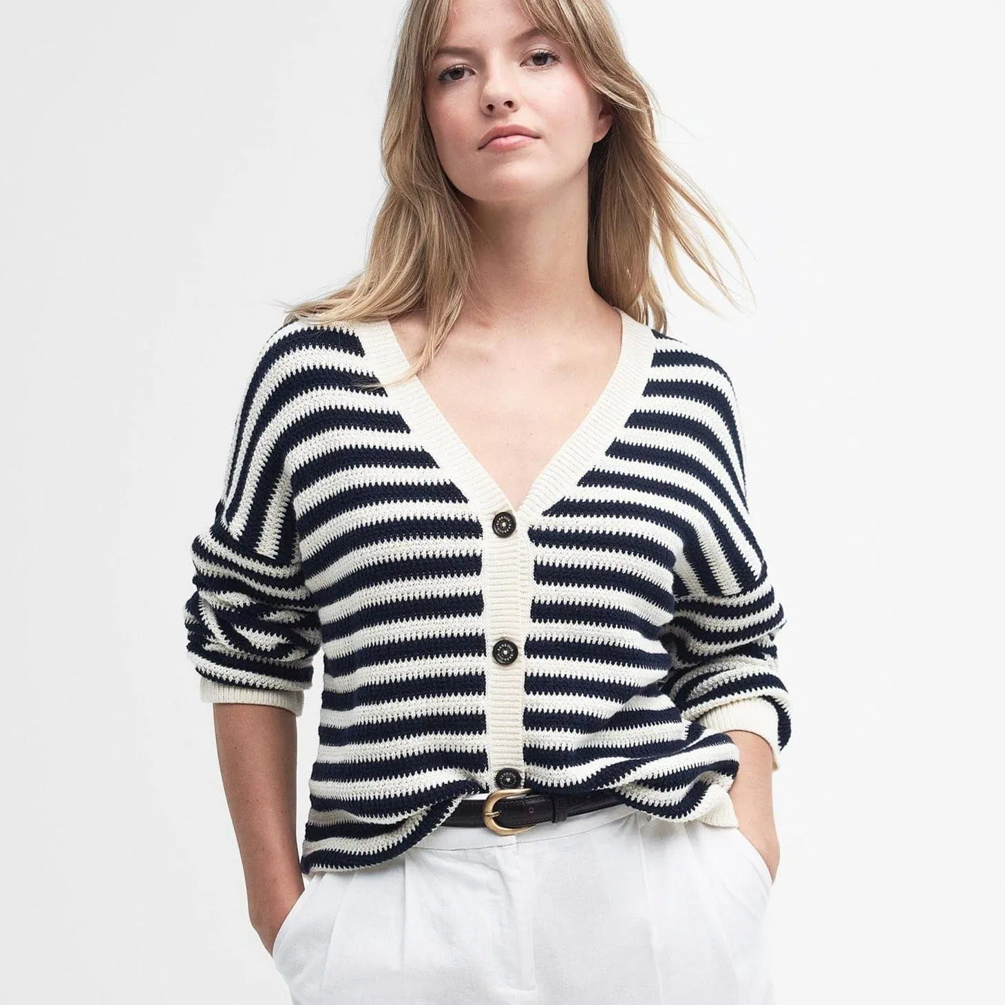 Barbour Sandgate Striped Cardigan In Navy/ White