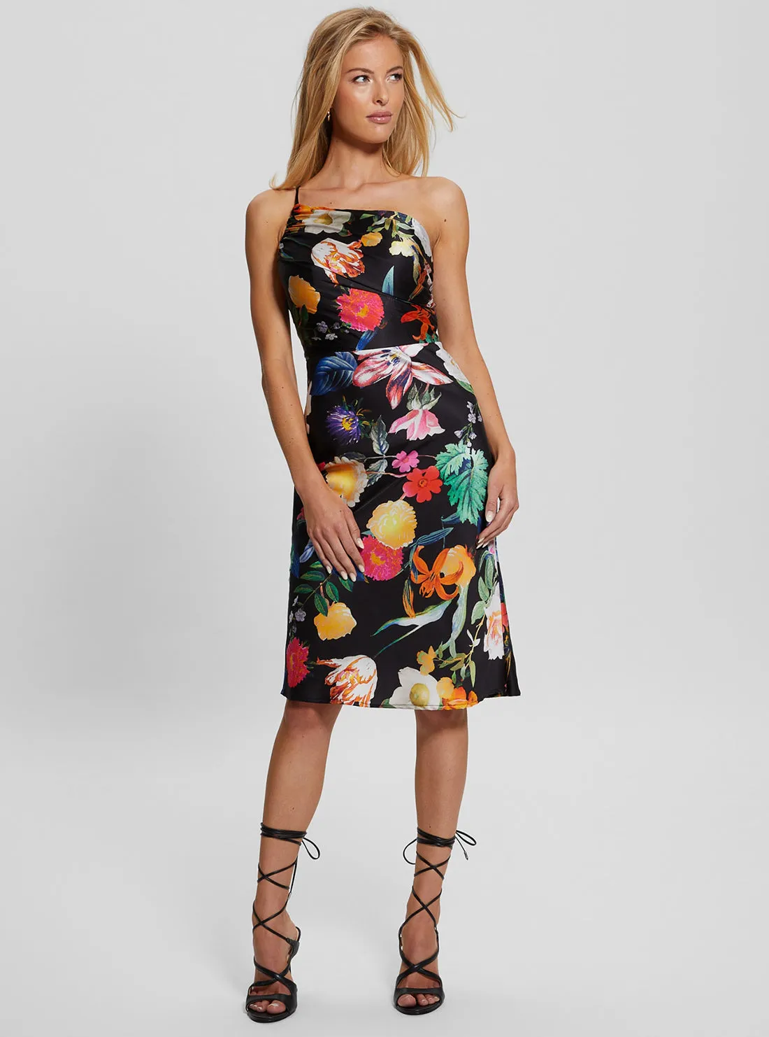 Black Floral Cindy One Shoulder Midi Dress