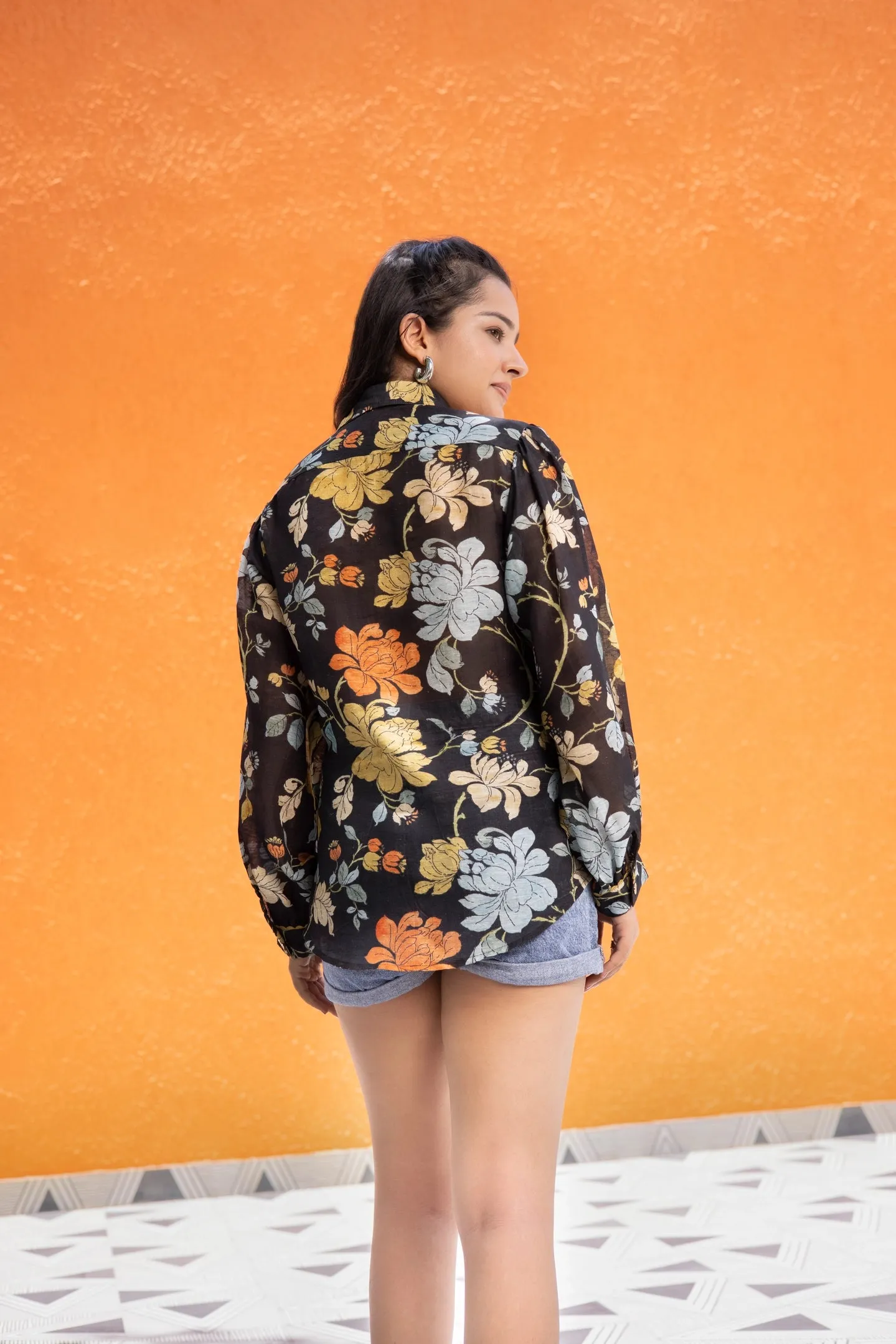 Black Floral Linen Shirt