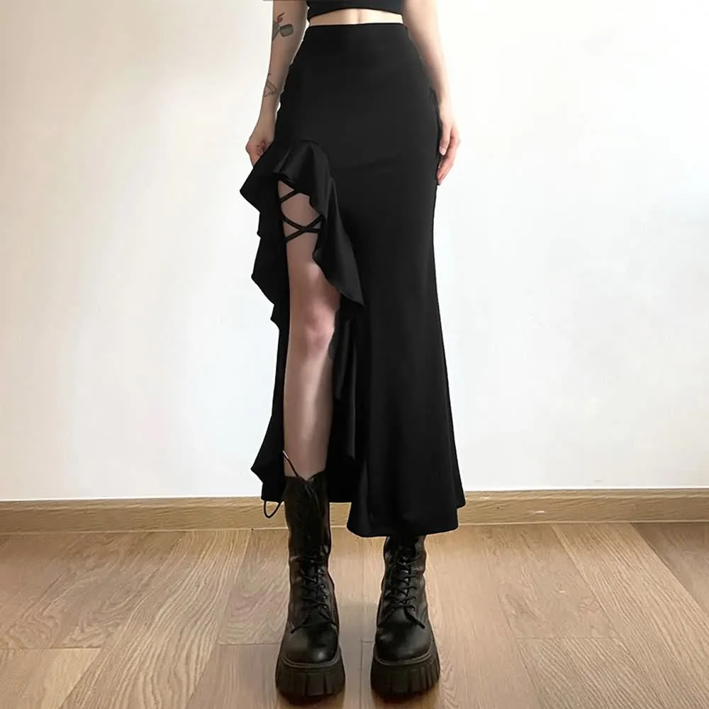 Black Gothic Ruffle Slit Midi Skirt