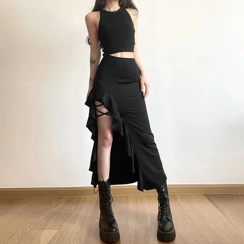Black Gothic Ruffle Slit Midi Skirt