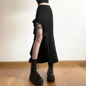 Black Gothic Ruffle Slit Midi Skirt