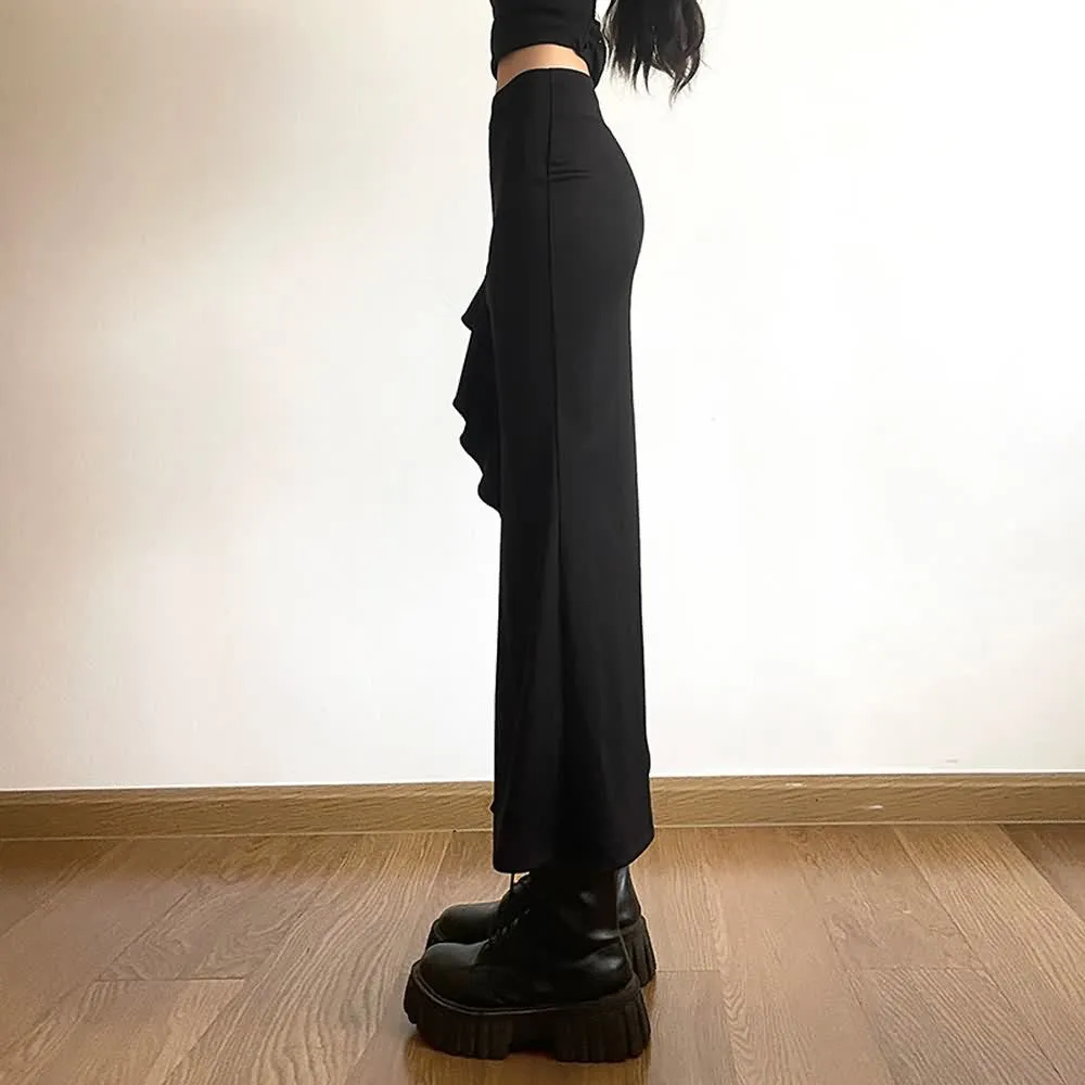 Black Gothic Ruffle Slit Midi Skirt