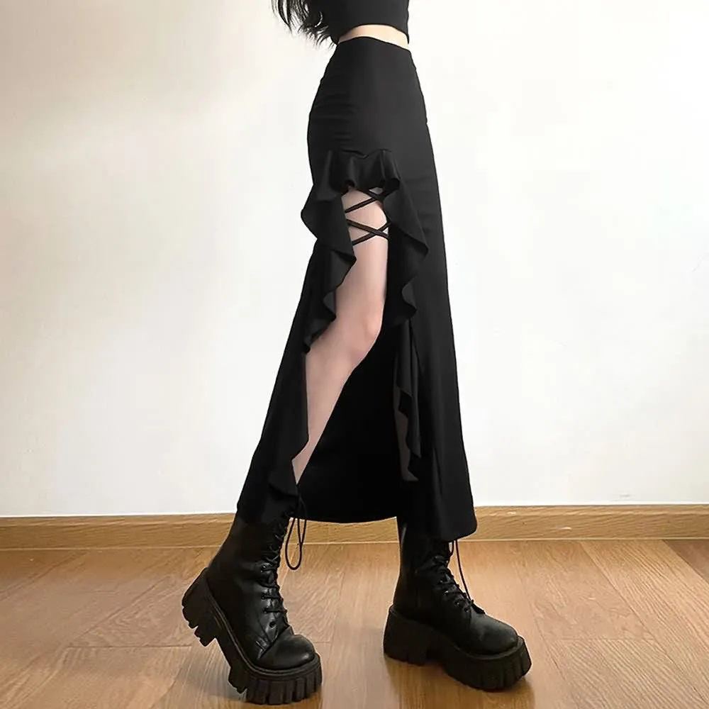 Black Gothic Ruffle Slit Midi Skirt