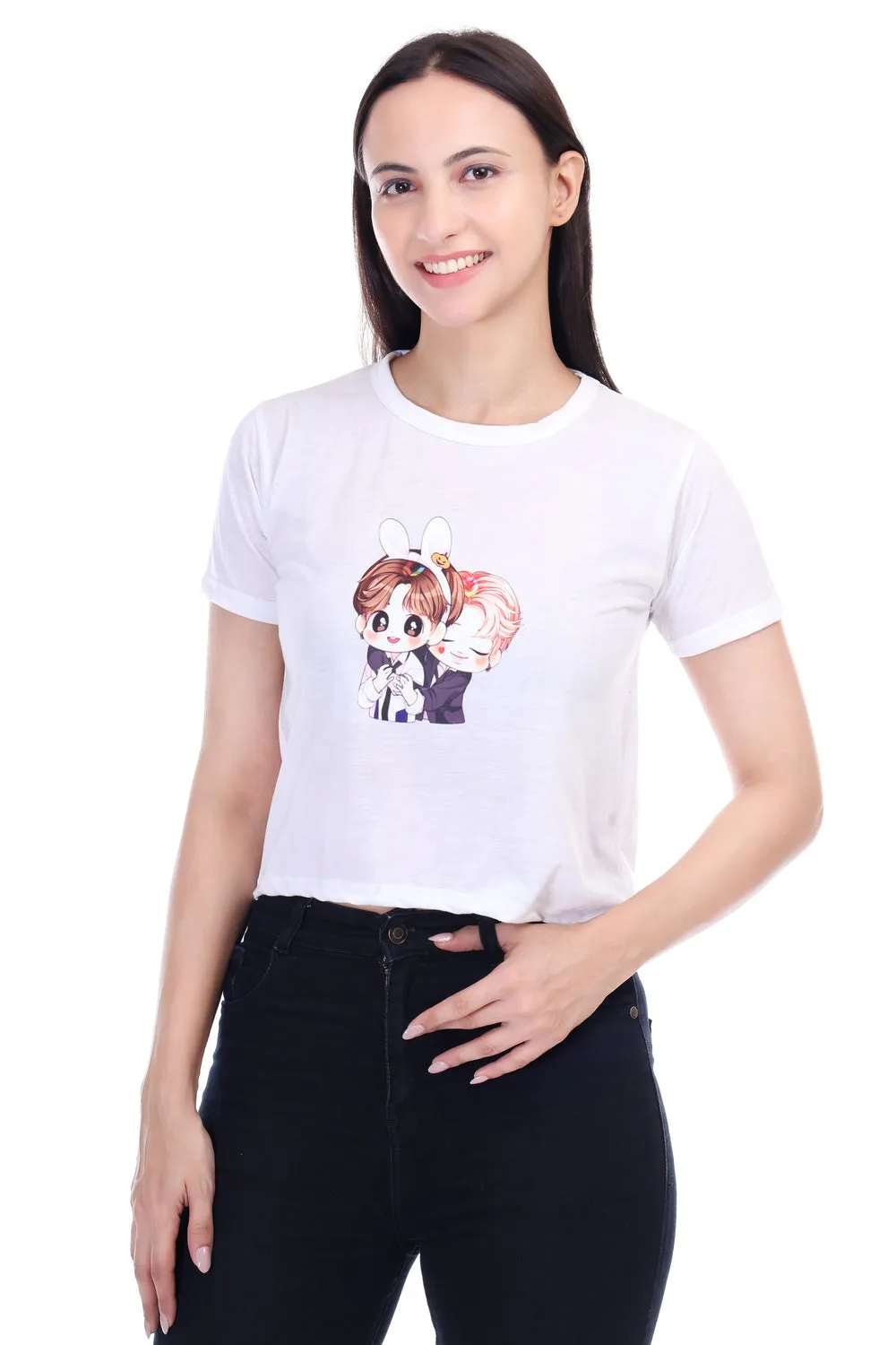 DK FASHION Women's  Women Solid Round Neck Pure Cotton Anime White T-Shirt