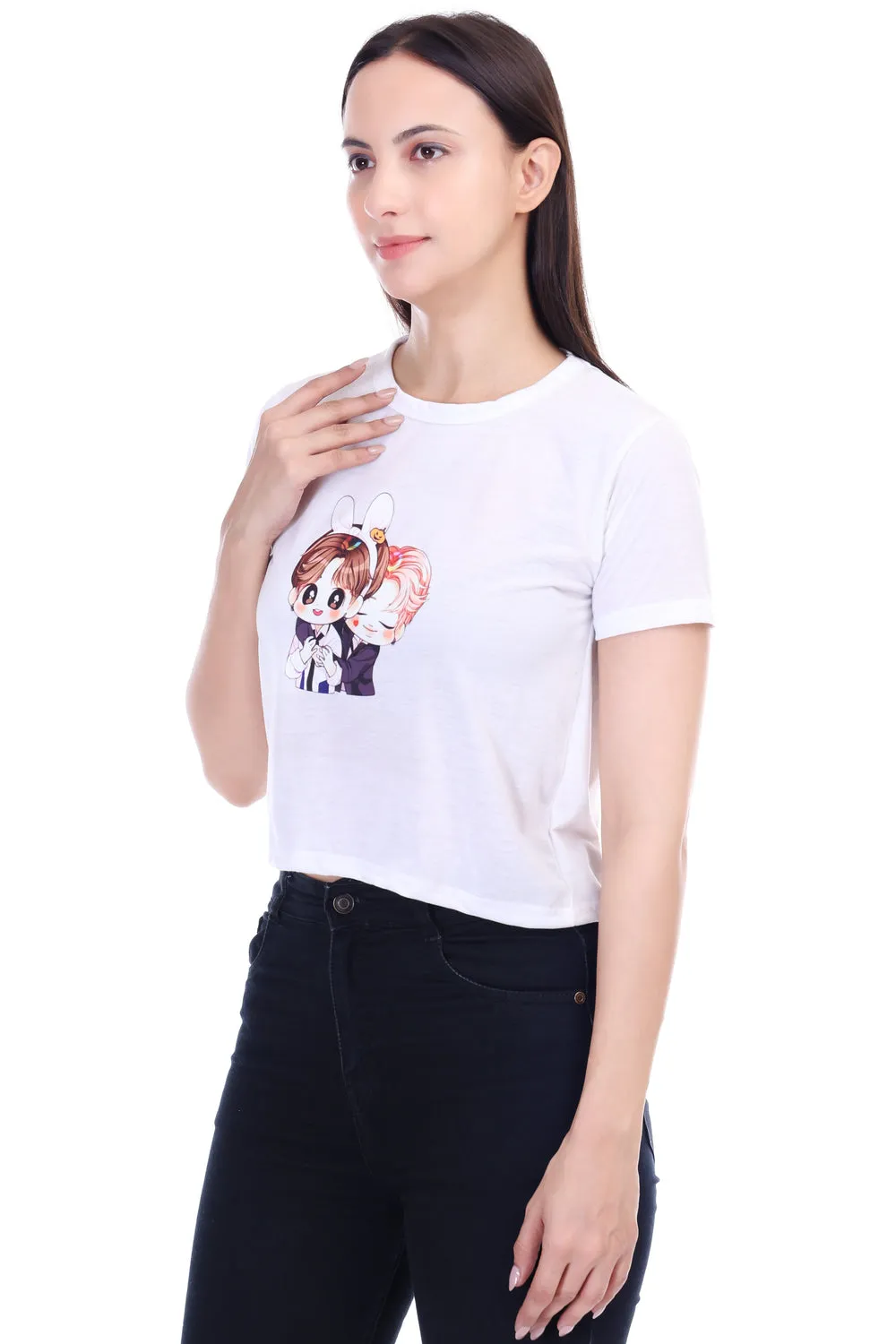 DK FASHION Women's  Women Solid Round Neck Pure Cotton Anime White T-Shirt