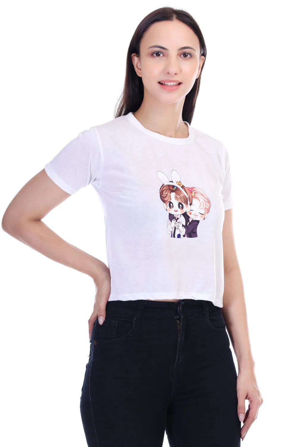 DK FASHION Women's  Women Solid Round Neck Pure Cotton Anime White T-Shirt