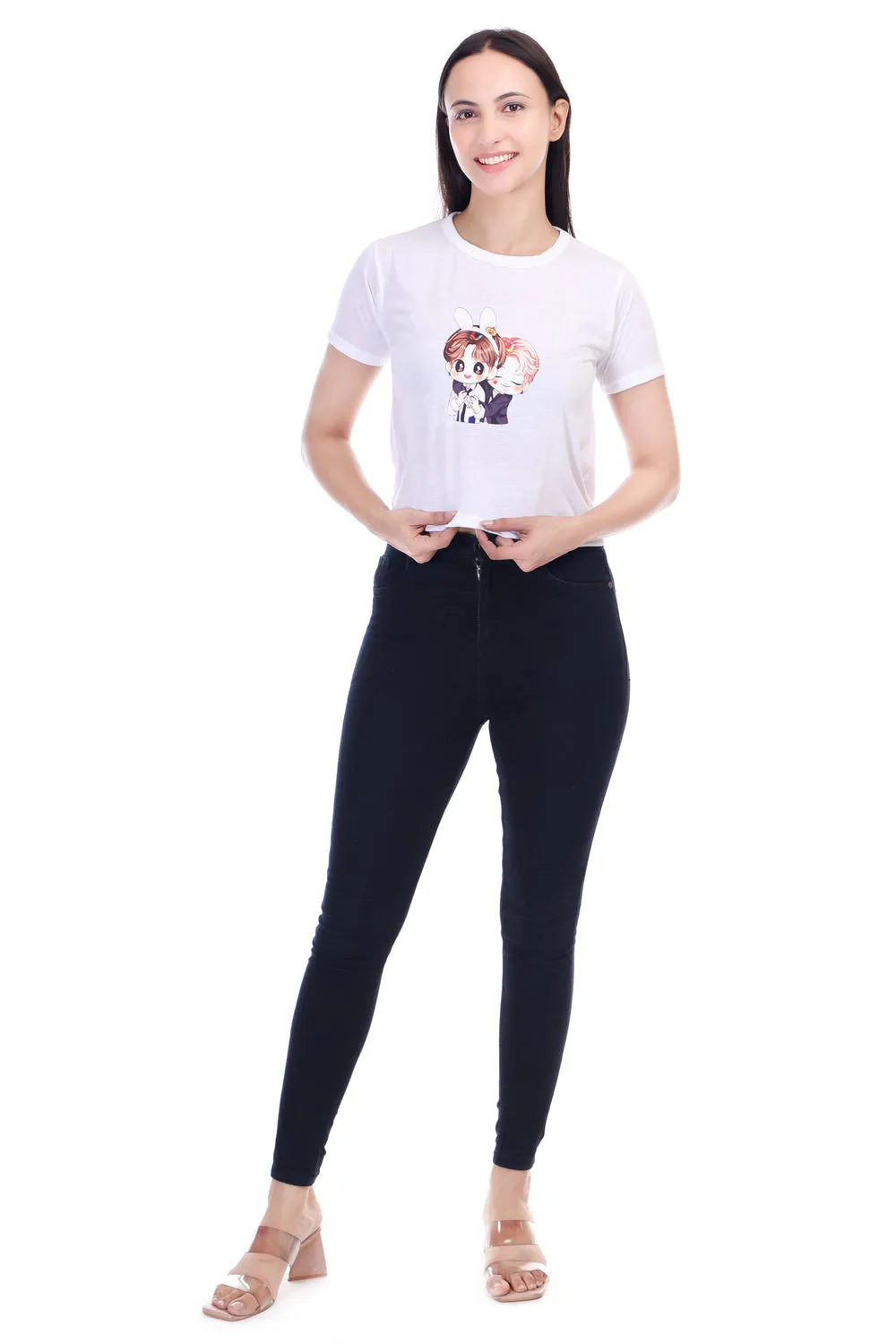 DK FASHION Women's  Women Solid Round Neck Pure Cotton Anime White T-Shirt