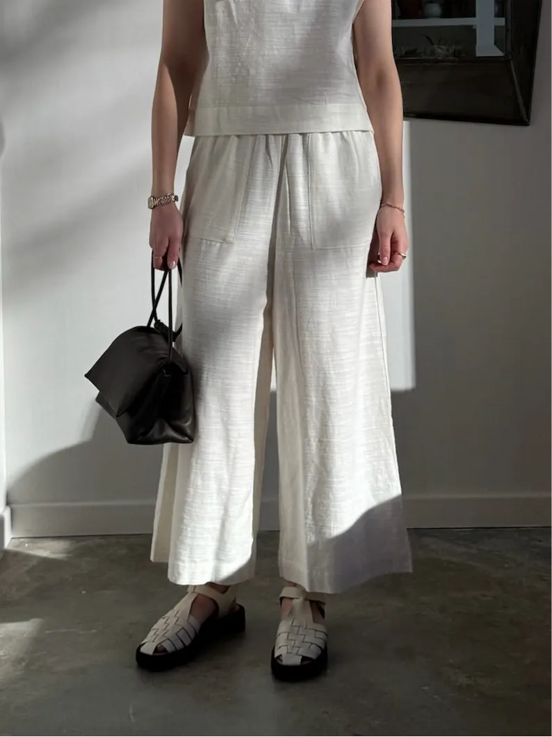 Ecru Organic Cotton Wide Leg Pants