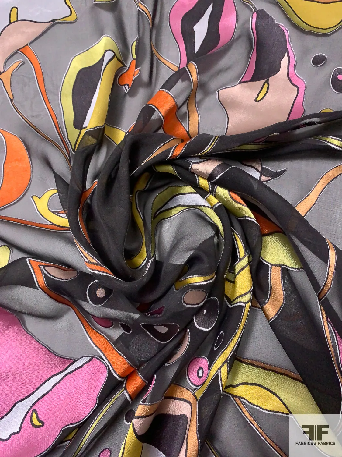 Exotic Printed Satin Burnout Silk Chiffon - Black / Orange / Pink / Yellows