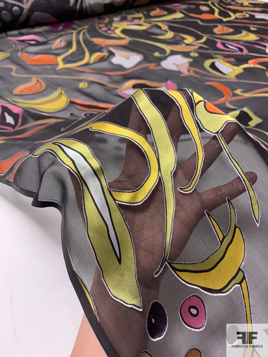 Exotic Printed Satin Burnout Silk Chiffon - Black / Orange / Pink / Yellows
