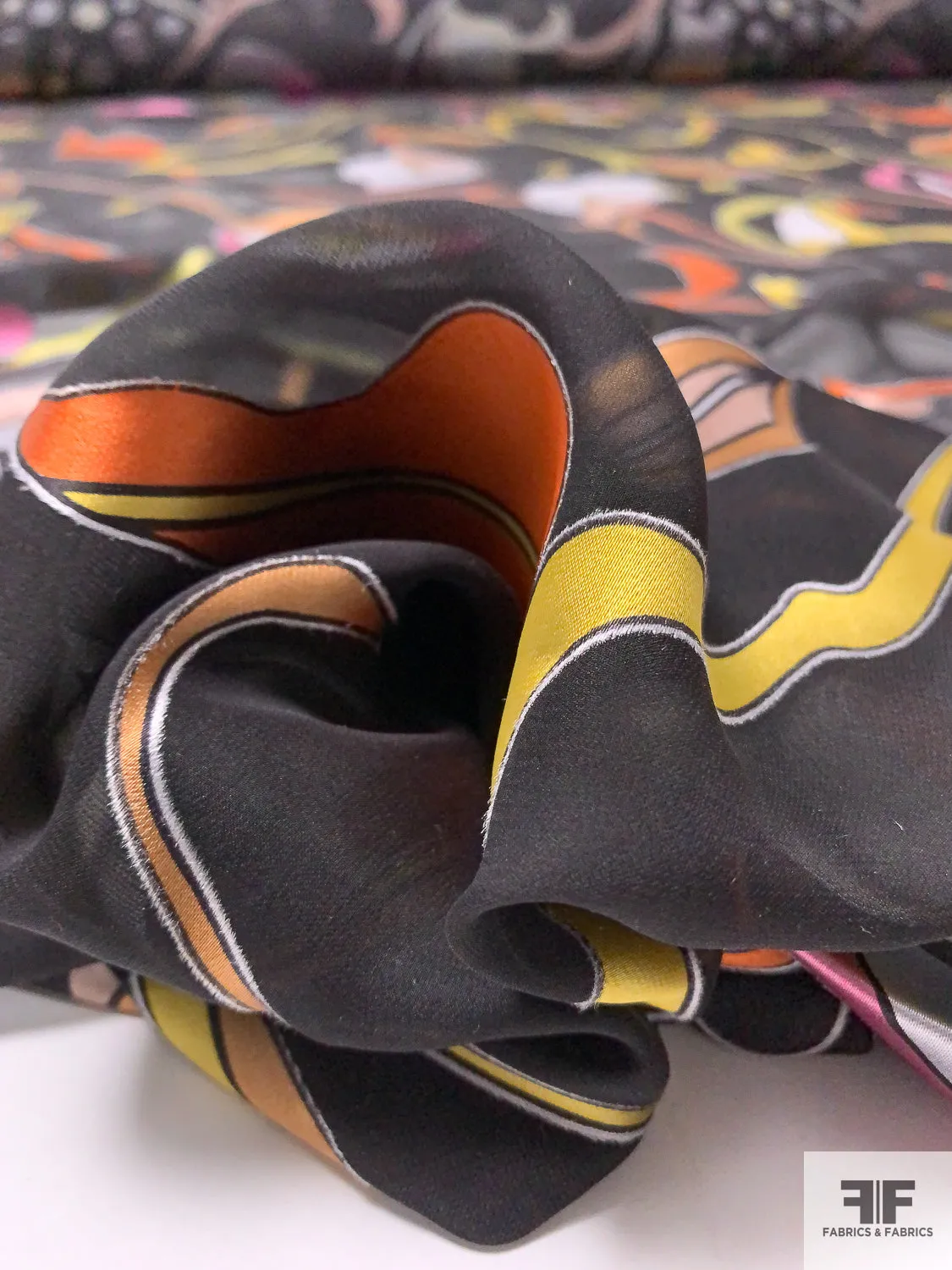 Exotic Printed Satin Burnout Silk Chiffon - Black / Orange / Pink / Yellows