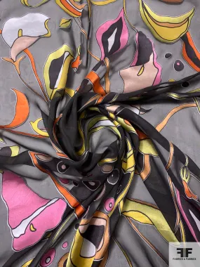 Exotic Printed Satin Burnout Silk Chiffon - Black / Orange / Pink / Yellows