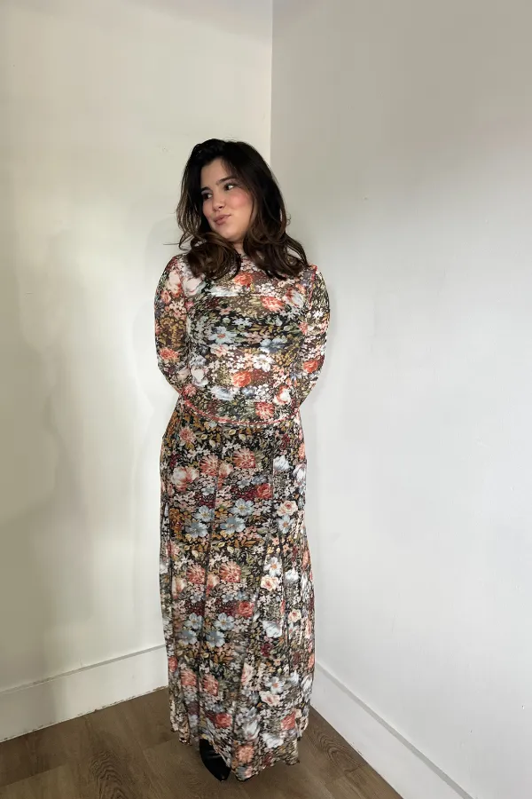 Floral Knit Mesh Maxi Skirt