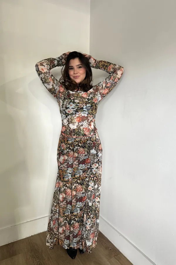 Floral Knit Mesh Maxi Skirt