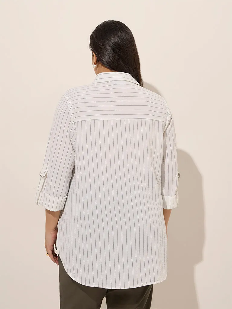 Gia White Pinstripe Printed Cotton Shirt