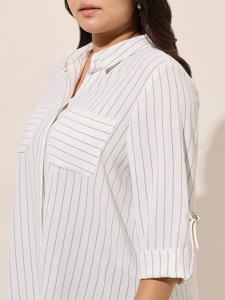 Gia White Pinstripe Printed Cotton Shirt