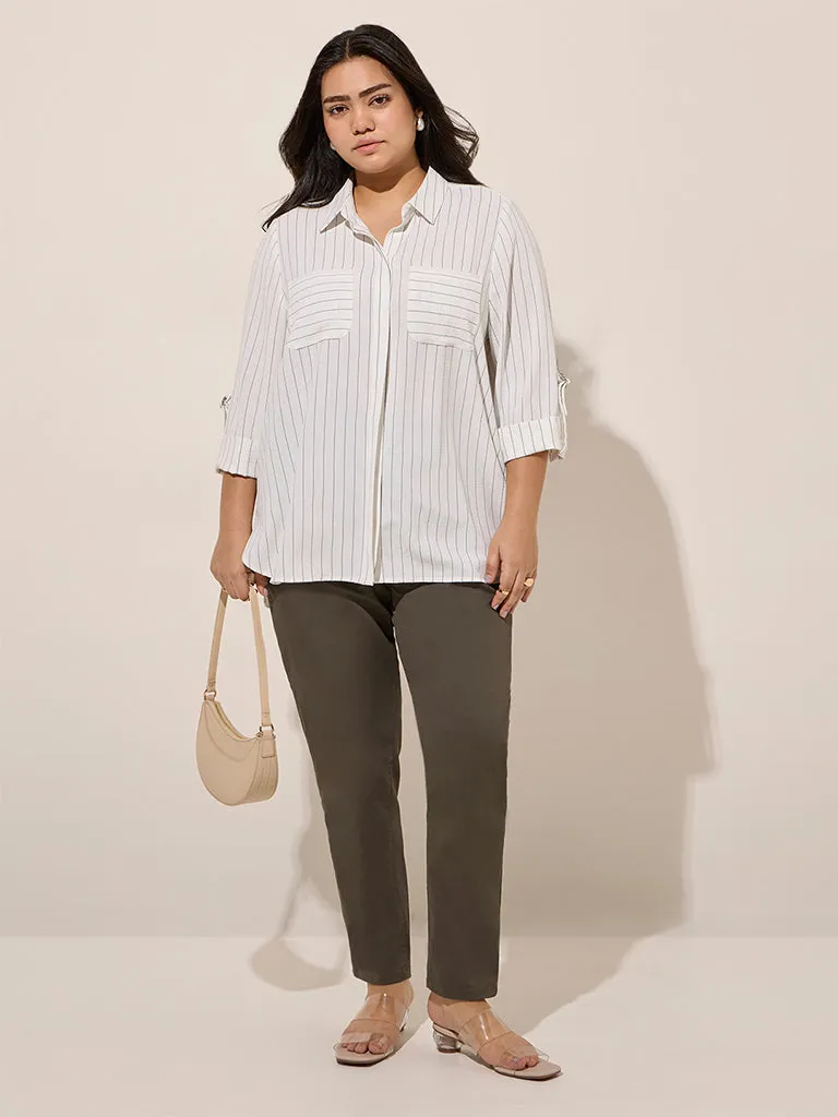 Gia White Pinstripe Printed Cotton Shirt