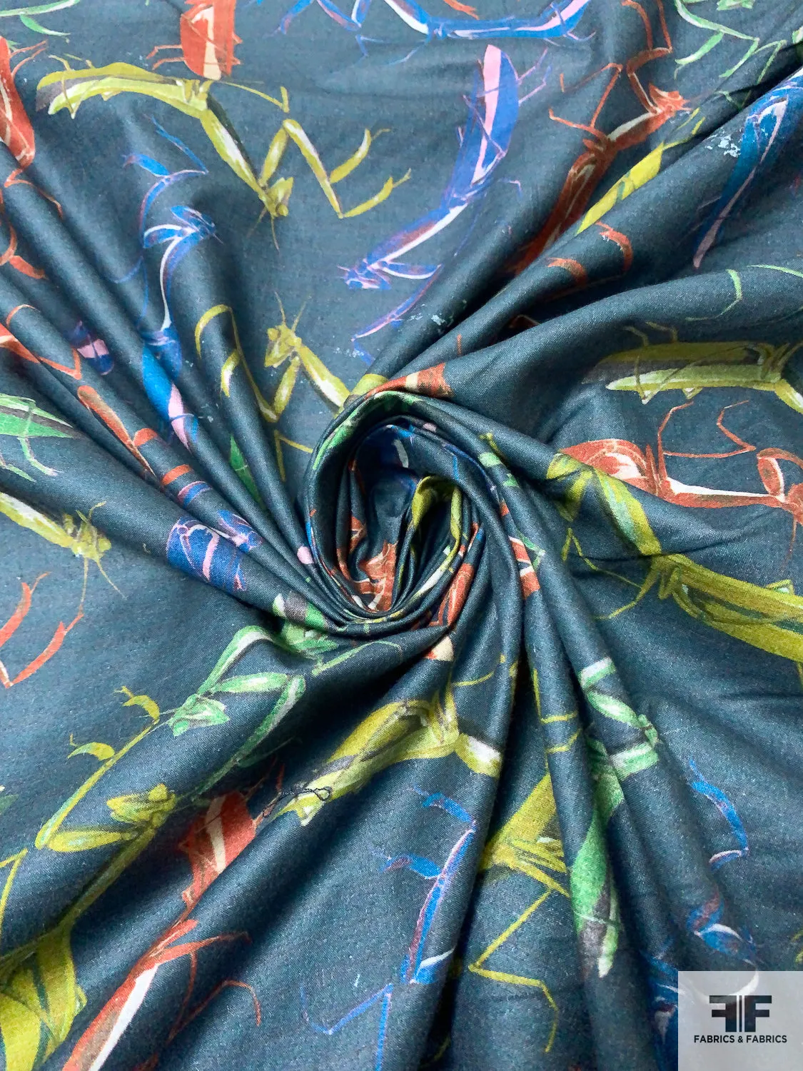 Grasshoppers Printed Cotton Lawn - Prussian / Dusty Chartreuse / Green / Burnt Orange