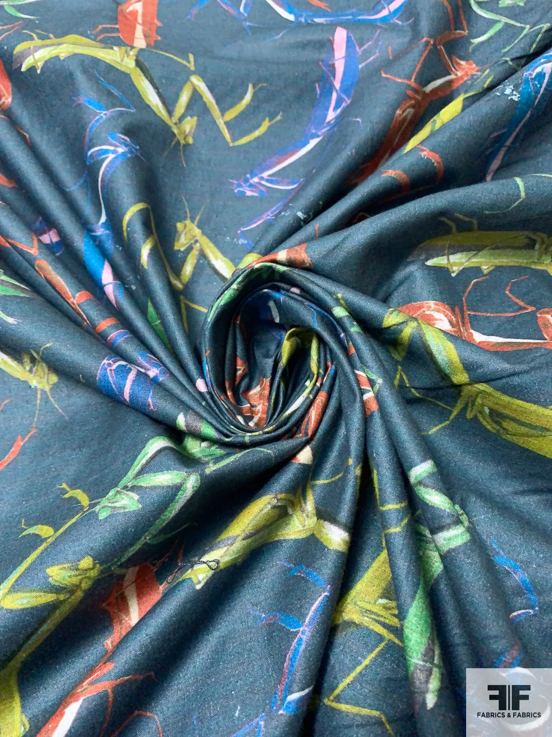 Grasshoppers Printed Cotton Lawn - Prussian / Dusty Chartreuse / Green / Burnt Orange