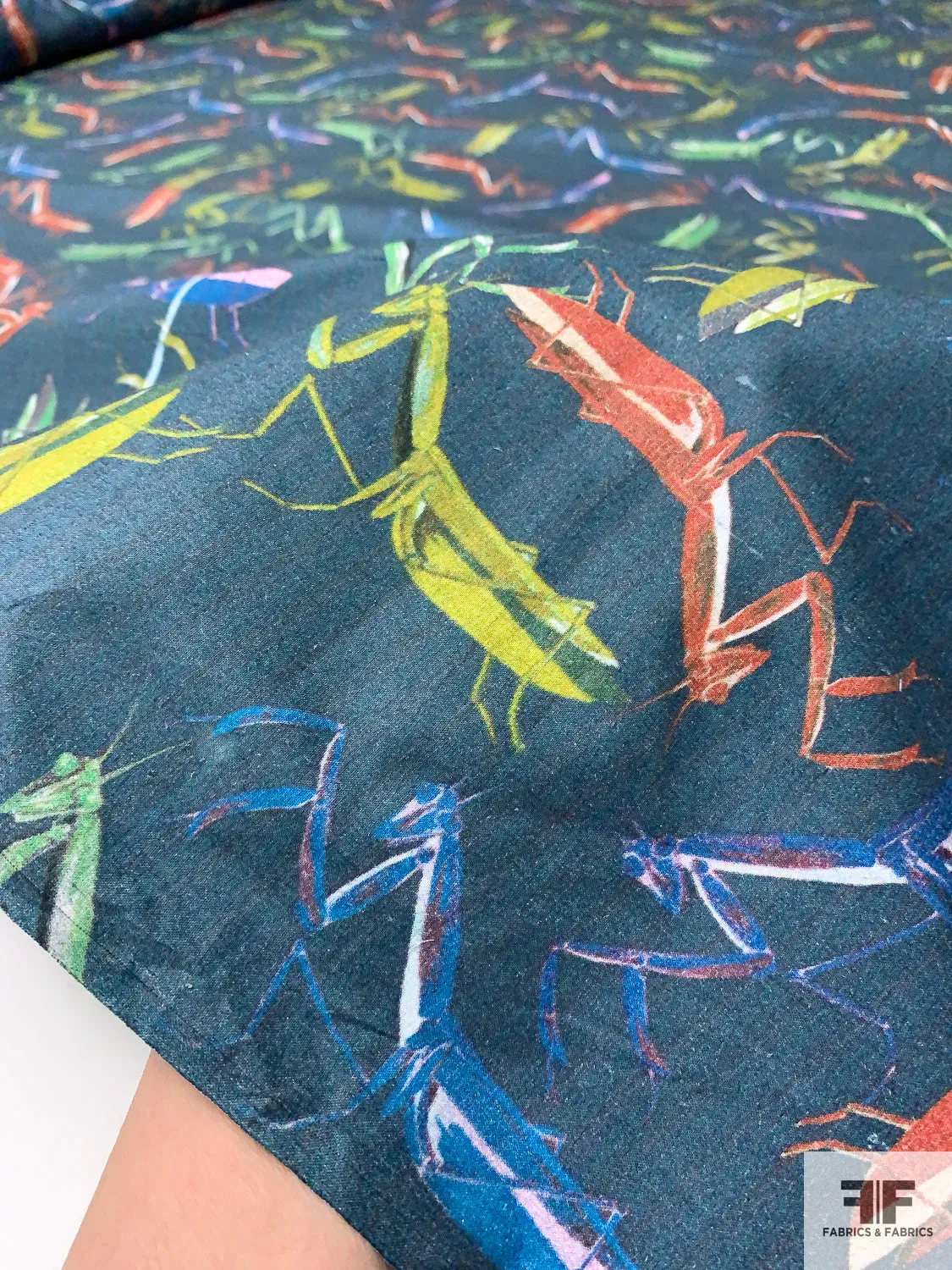 Grasshoppers Printed Cotton Lawn - Prussian / Dusty Chartreuse / Green / Burnt Orange