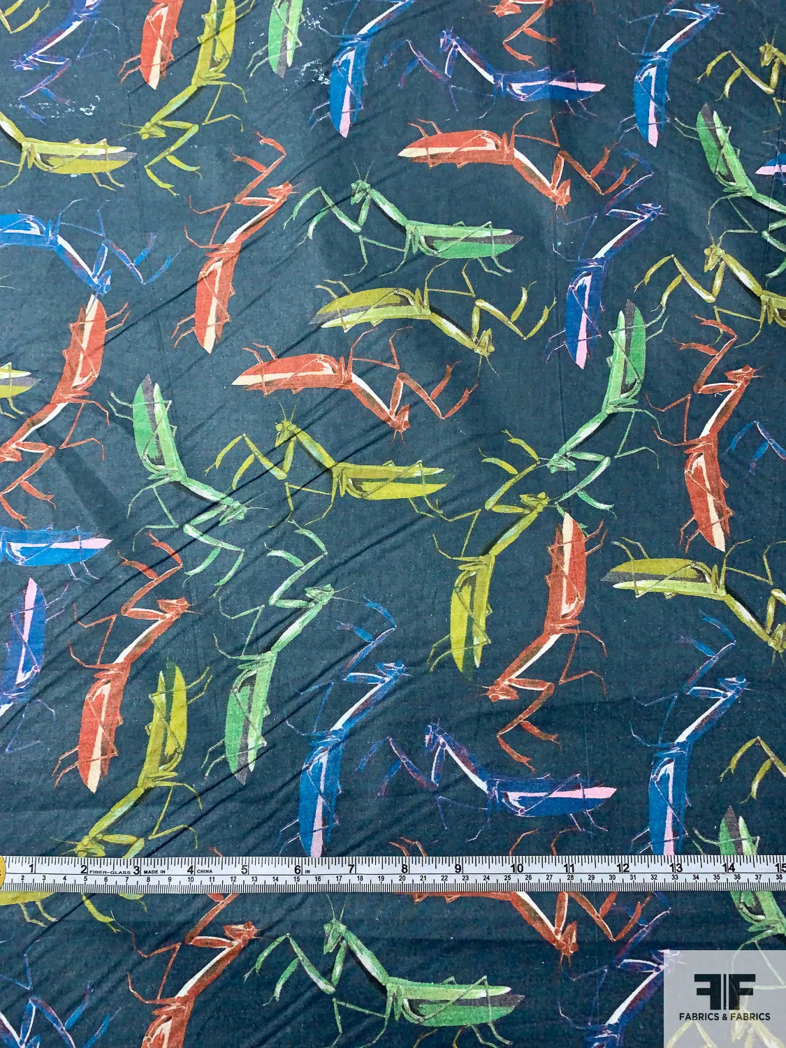 Grasshoppers Printed Cotton Lawn - Prussian / Dusty Chartreuse / Green / Burnt Orange