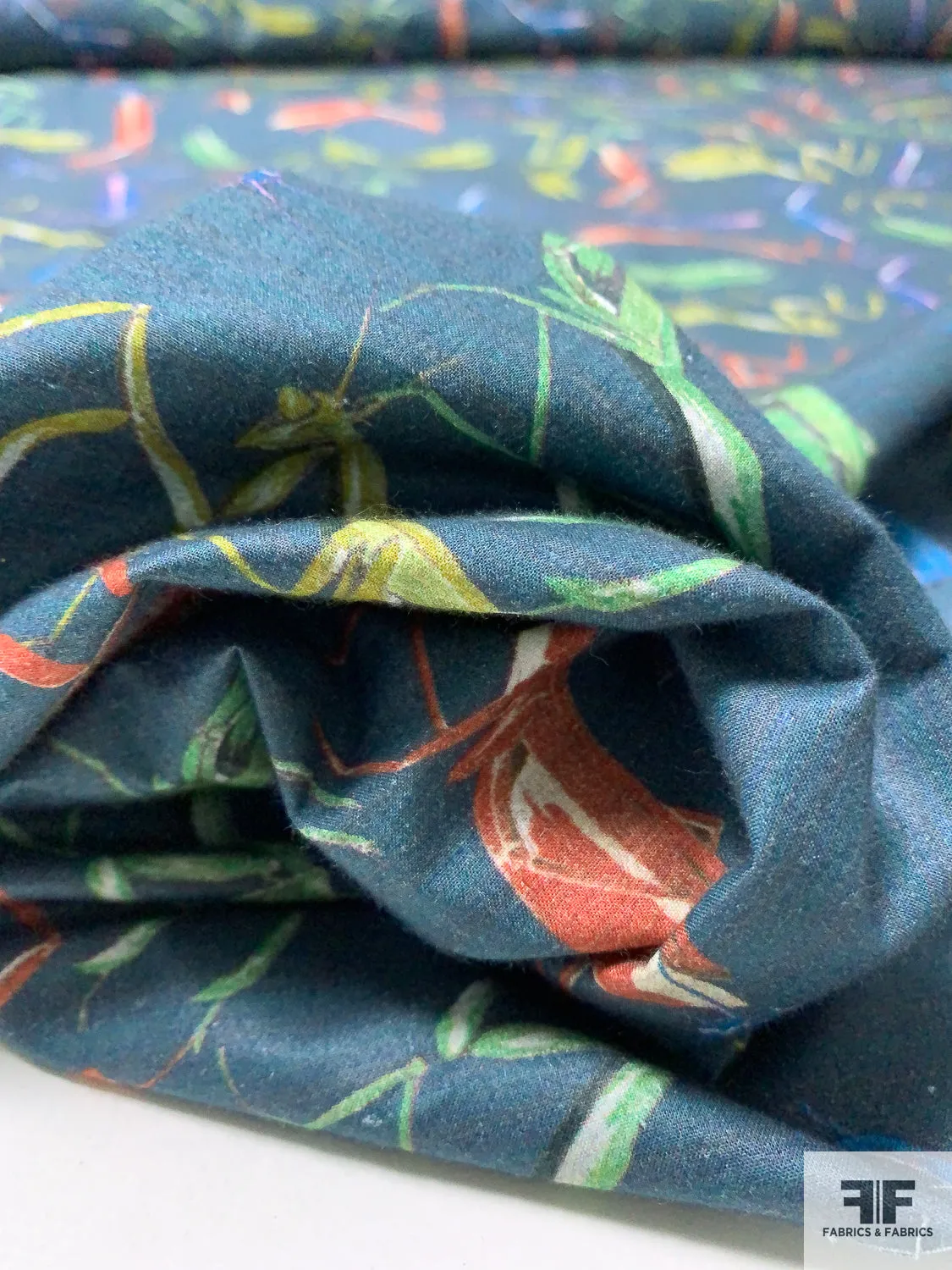 Grasshoppers Printed Cotton Lawn - Prussian / Dusty Chartreuse / Green / Burnt Orange