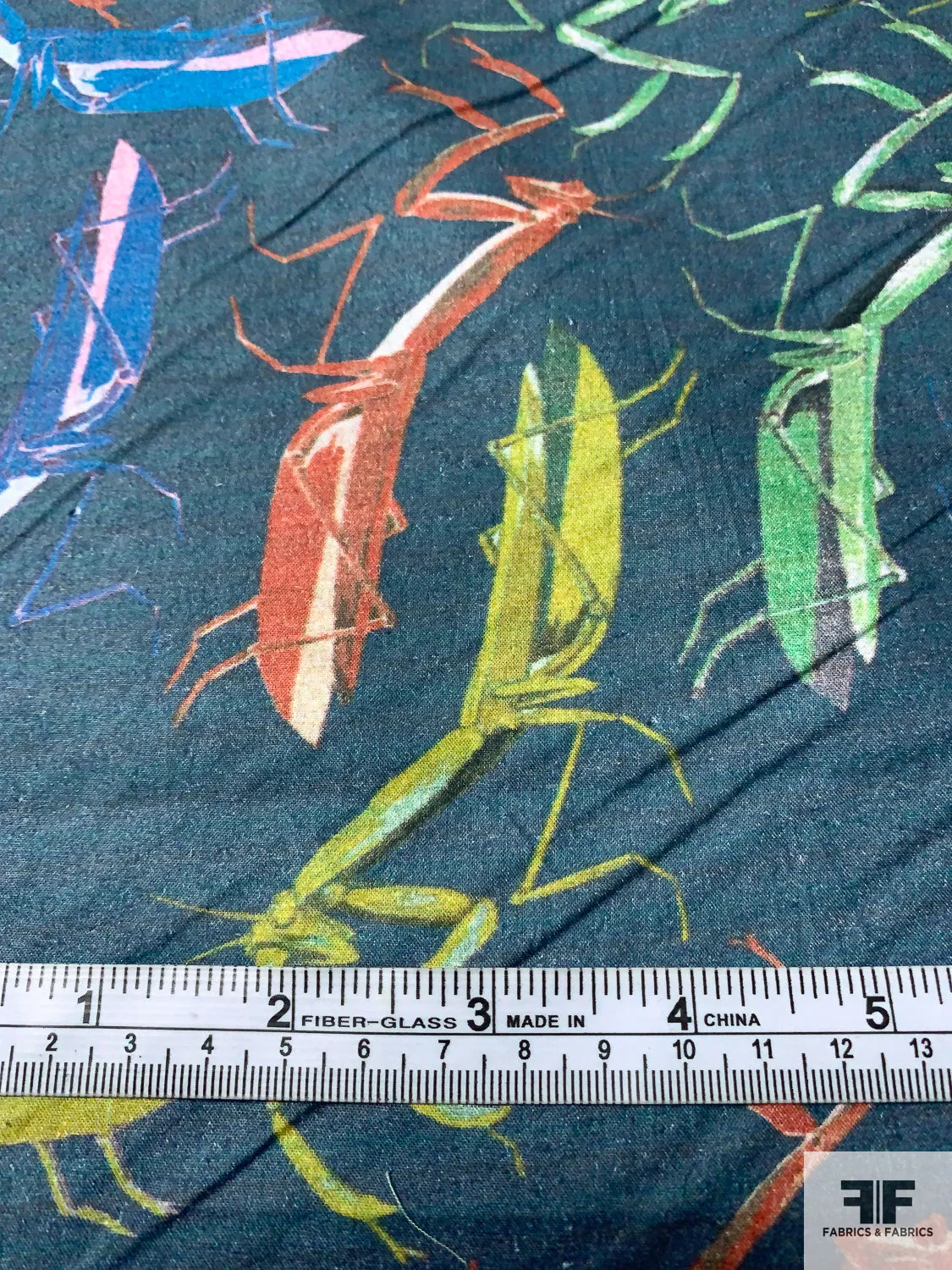 Grasshoppers Printed Cotton Lawn - Prussian / Dusty Chartreuse / Green / Burnt Orange