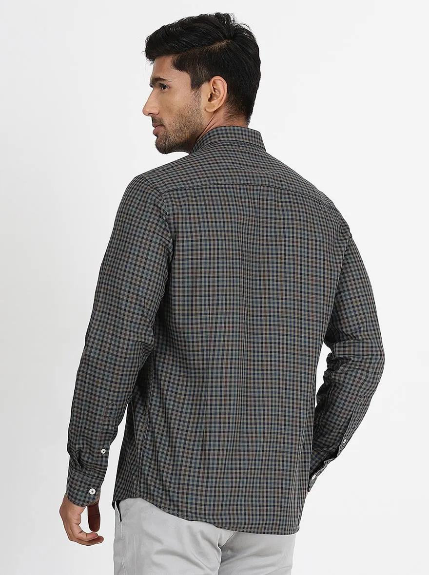 Grey Checked Slim Fit Semi Casual Shirt | JadeBlue
