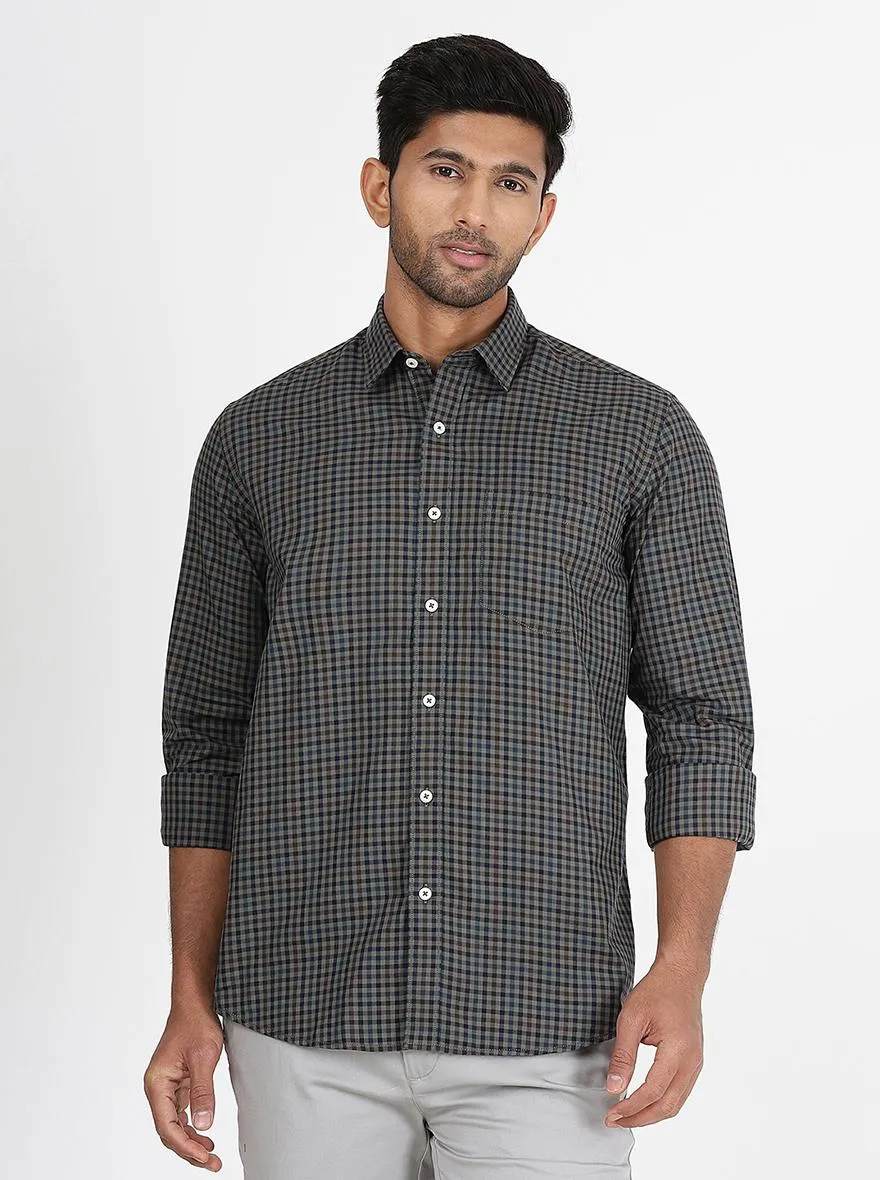 Grey Checked Slim Fit Semi Casual Shirt | JadeBlue