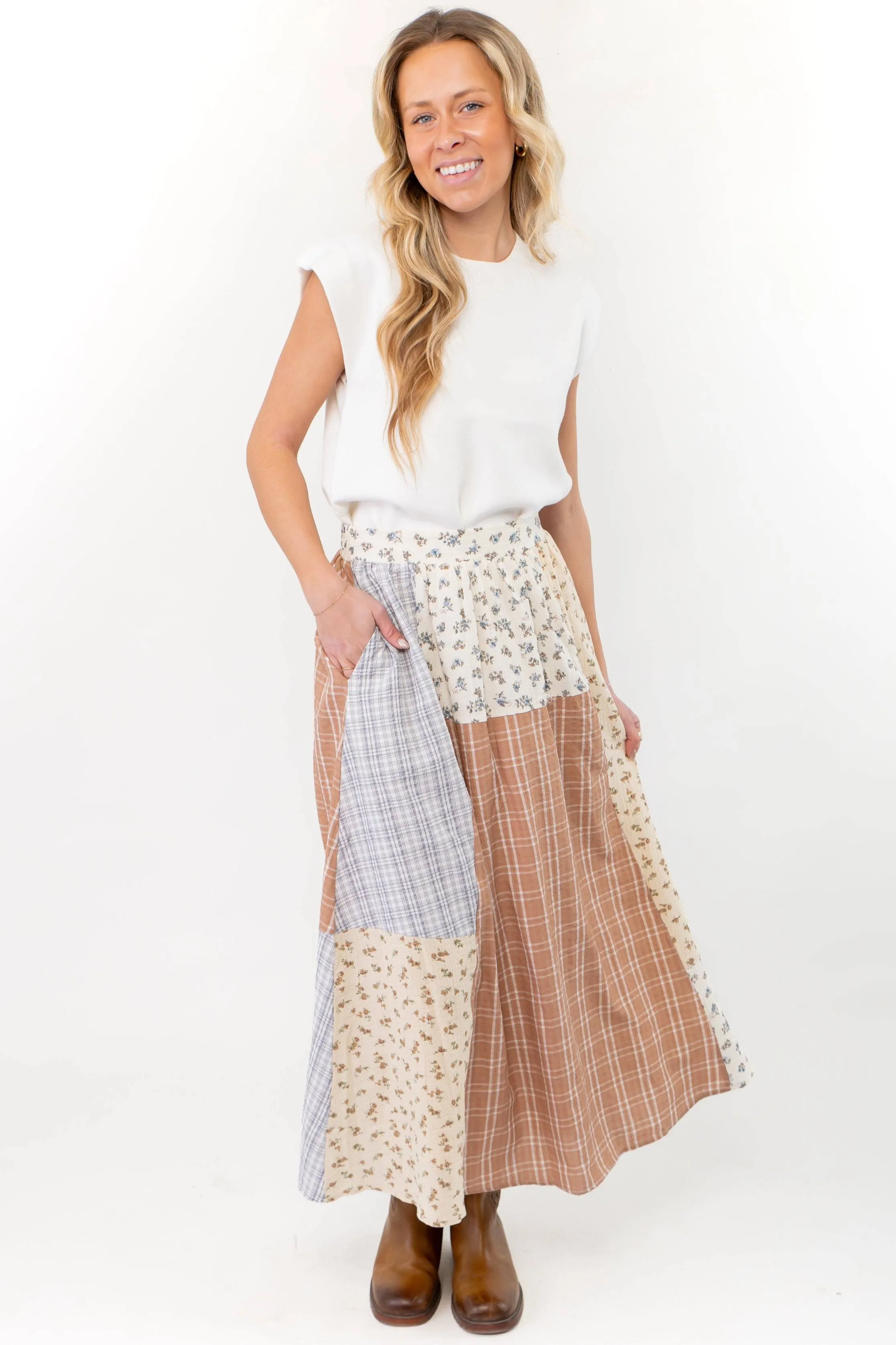 Hattie Patchwork Ivory Maxi Skirt