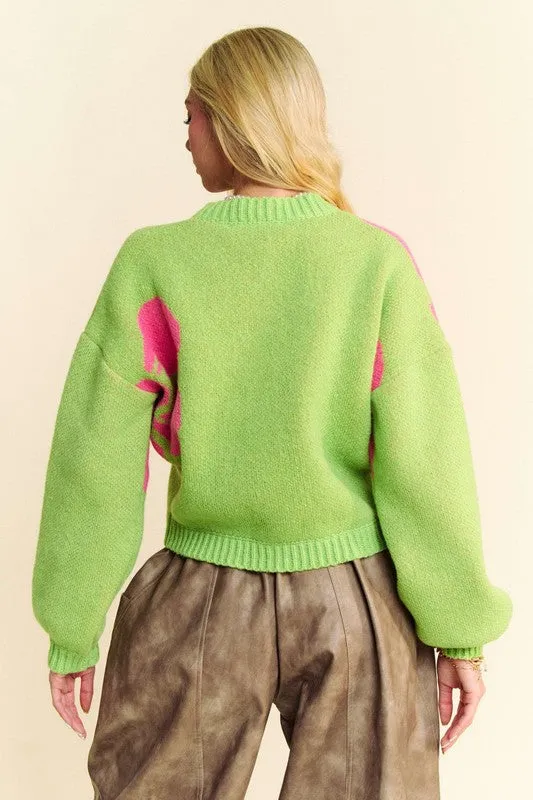 Hazel Blues® |  Davi & Dani Flower Contrast Round Neck Long Sleeve Cardigan